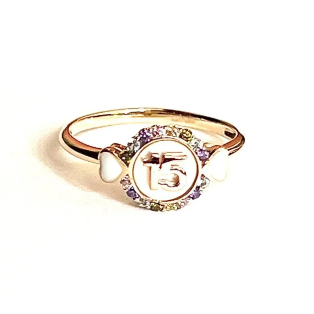 14k Two Tone solid Gold Girl Heart Sweet 15 Years Birthday Stone Ring Band |